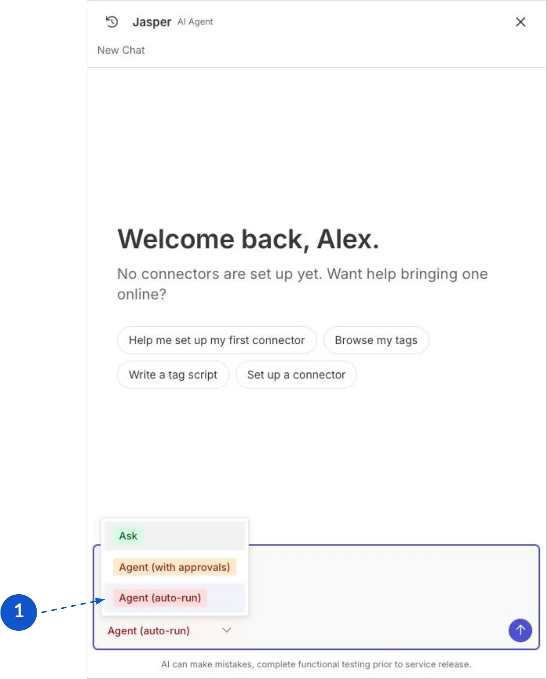 The Jasper AI agent chat panel, with the mode selector open showing Ask, Agent (with approvals) and Agent (auto-run).