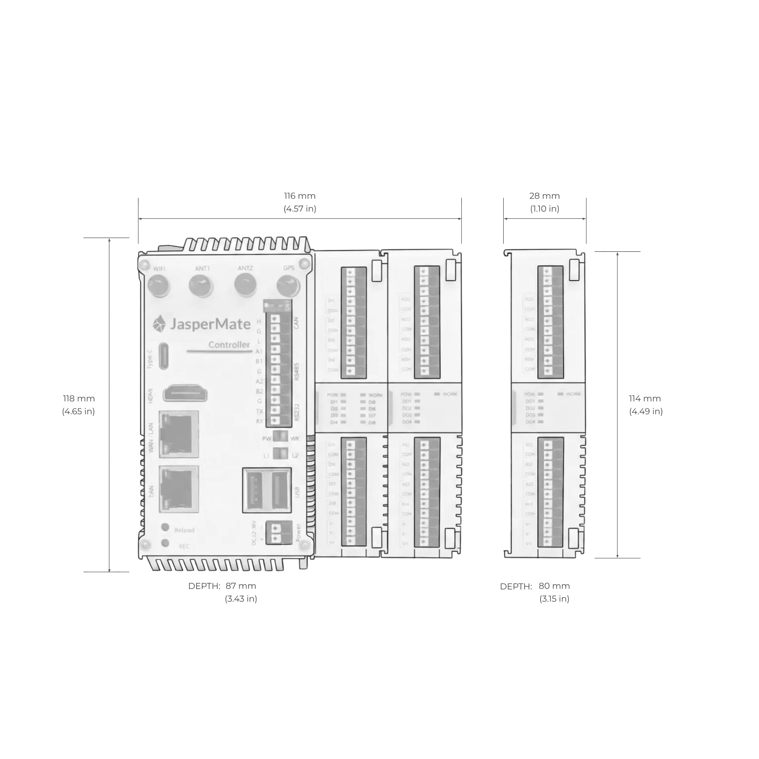 Dimensioned drawing of the JasperMate base unit with expansion cards: base unit 118H x 116W x 87D mm, each expansion card 114H x 28W x 80D mm