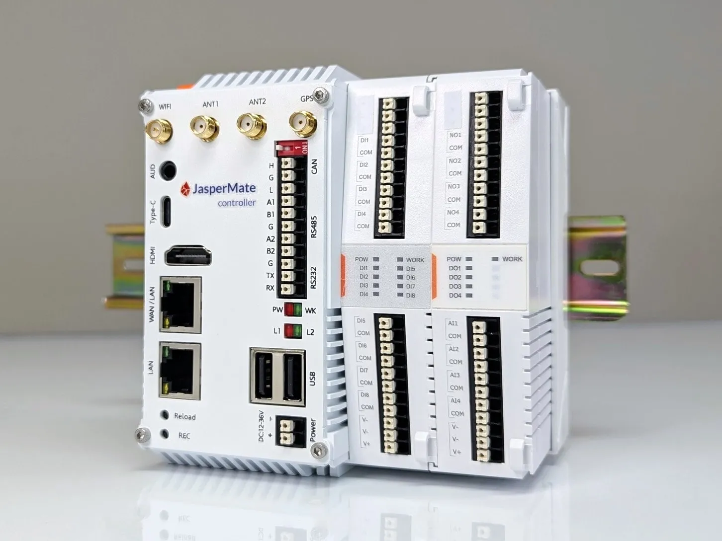 JasperMate base unit with onboard I/O modules clipped onto a 35mm DIN rail