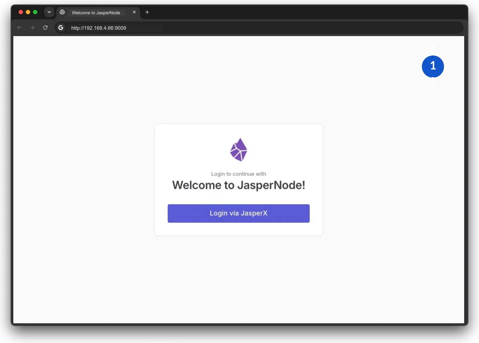 The JasperNode welcome screen in a browser, asking to log in to continue, with a Login via JasperX button.