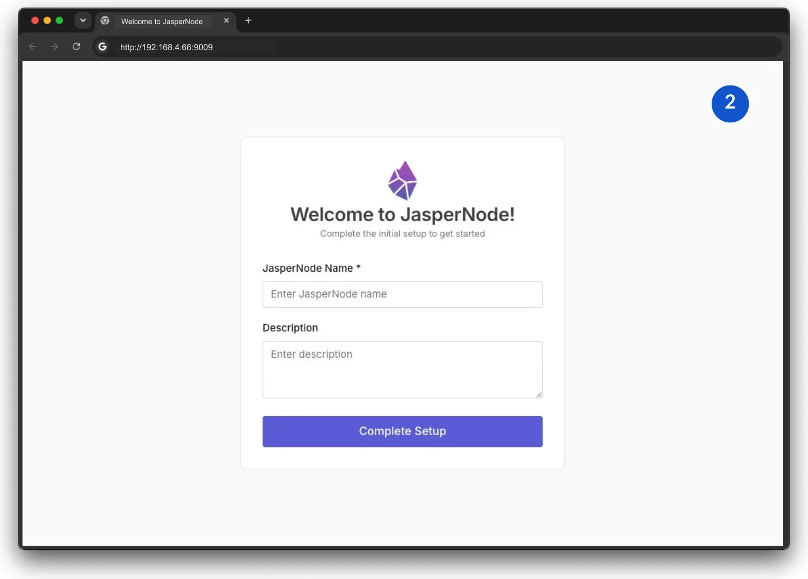The JasperNode initial setup form in a browser, asking for a JasperNode name and description, with a Complete Setup button.