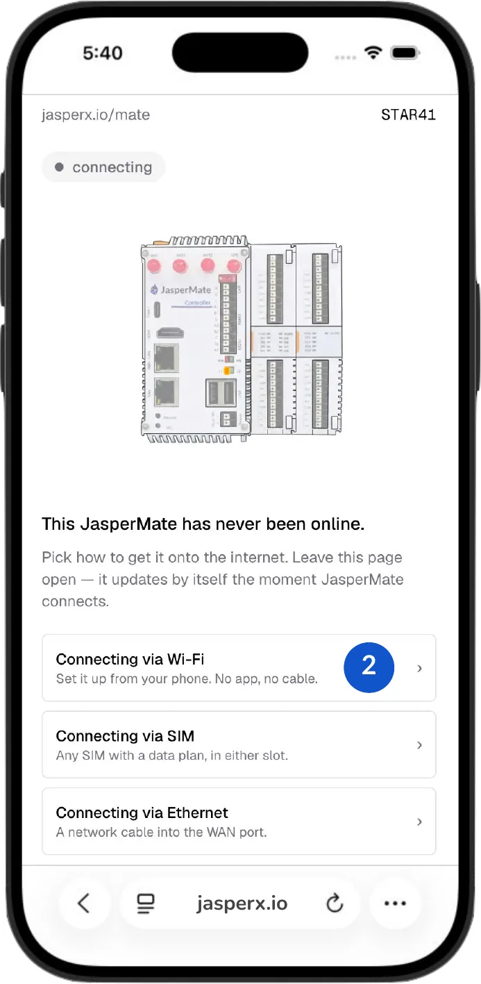 The setup page on a phone: the device shows as connecting, with three ways to bring it online — Wi-Fi set up from the phone, a SIM with a data plan in either slot, or a network cable into the WAN port — and a callout on the Wi-Fi option.