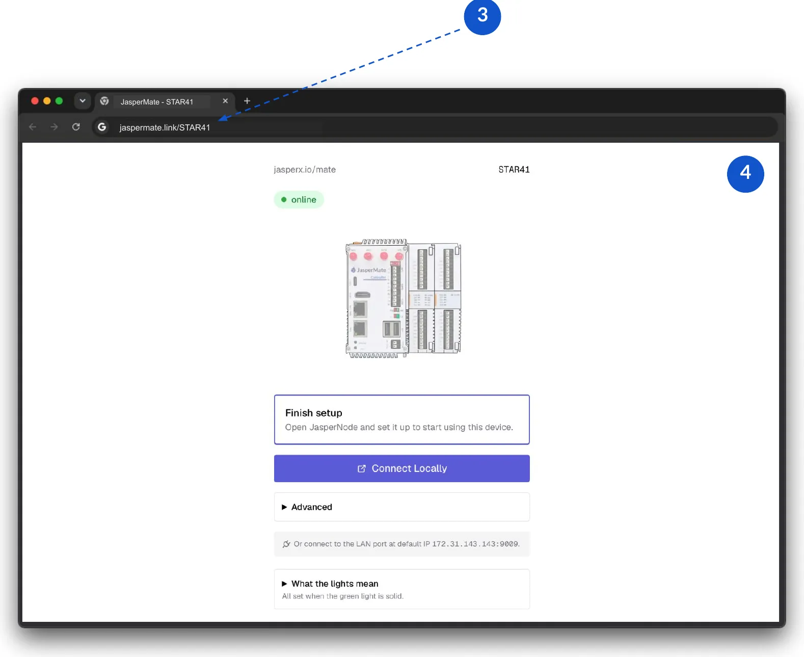 The setup page reopened in a desktop browser after the device comes online, offering Connect Locally to finish setup in JasperNode, with the default LAN IP shown underneath.
